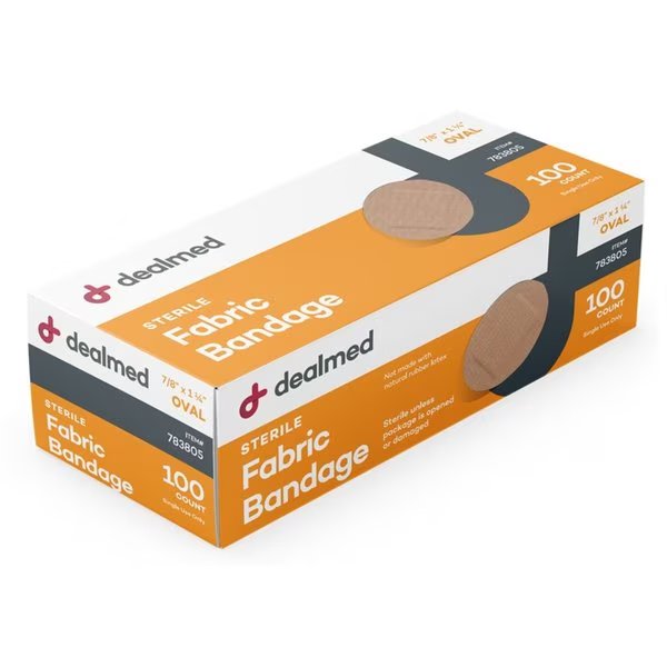 Fabric Bandages Sterile, Oval, 7/8 X 1 1/4, 100/Bx, 12/Cs, 1200PK, Dealmed, Mfr#: 783805